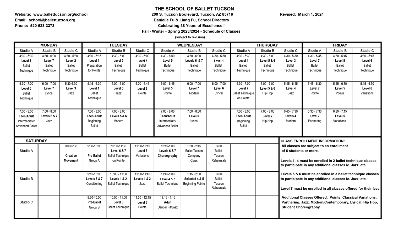 Ballet Tucson Class Schedule 23-24